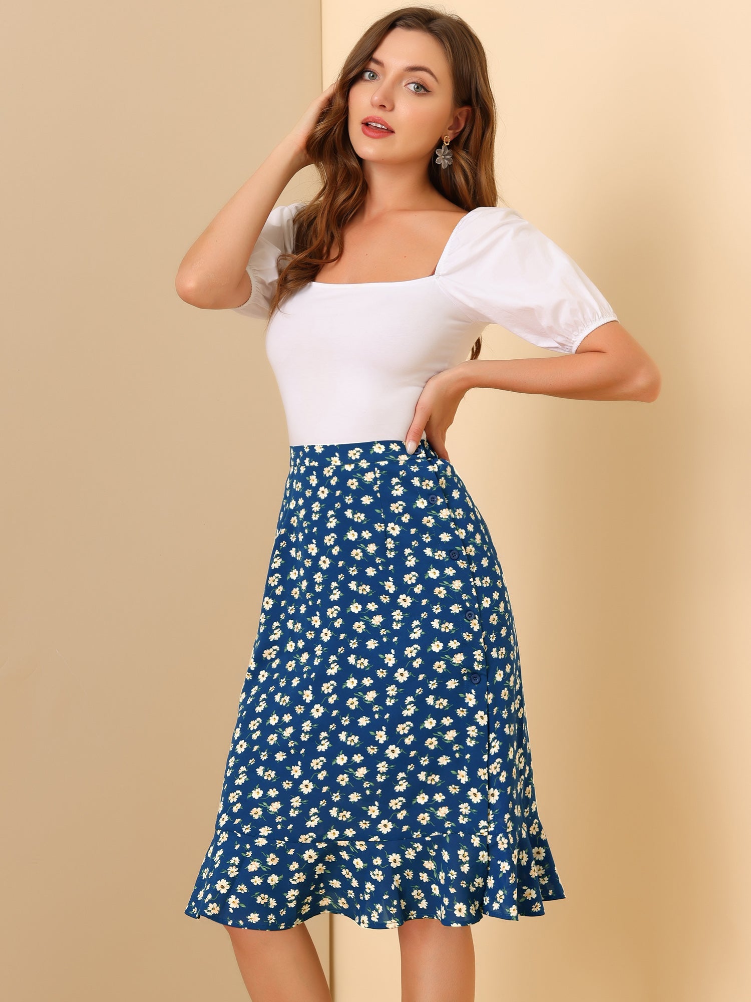 Floral Ruffle Elastic High Waist Button Flowy Split Midi Skirt