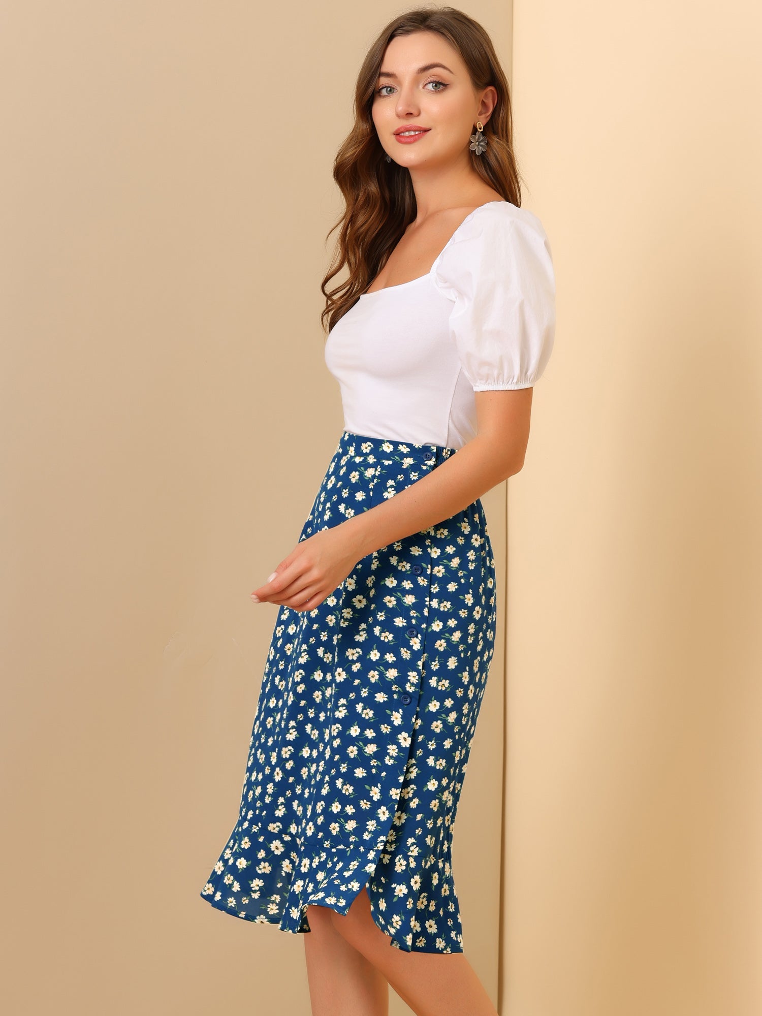 Floral Ruffle Elastic High Waist Button Flowy Split Midi Skirt