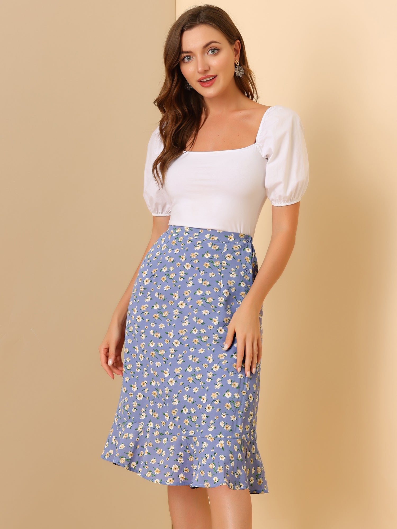 Floral Ruffle Elastic High Waist Button Flowy Split Midi Skirt