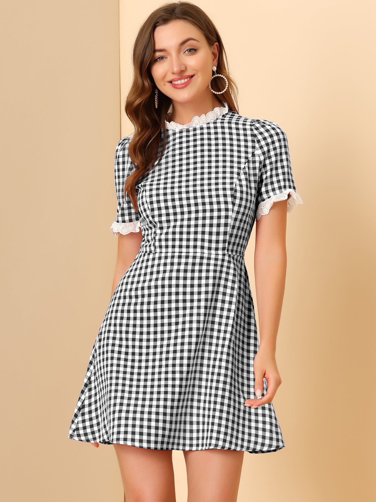 Summer Ruffle Neck Lace Panel Short Sleeve Check Gingham Dress