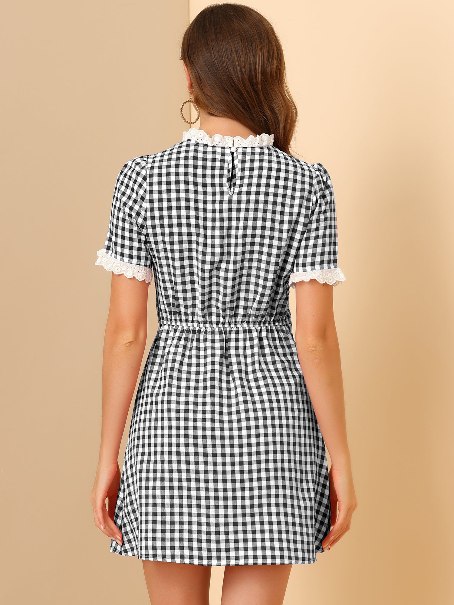 Summer Ruffle Neck Lace Panel Short Sleeve Check Gingham Dress