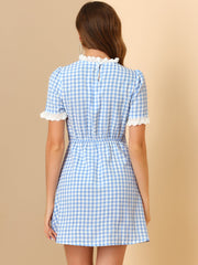 Summer Ruffle Neck Lace Panel Short Sleeve Check Gingham Dress