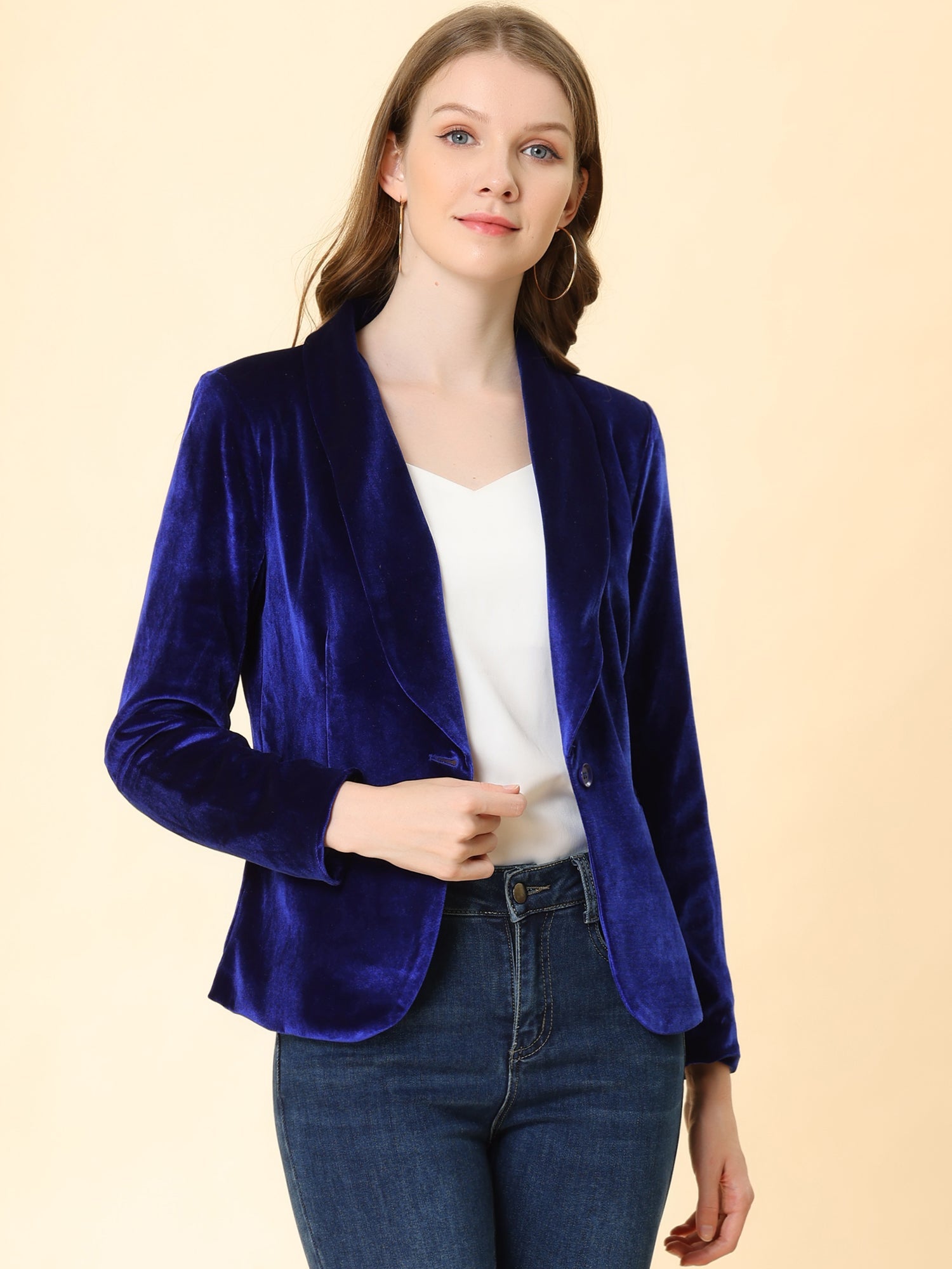Solid Shawl Collar Single Button Velvet Blazer