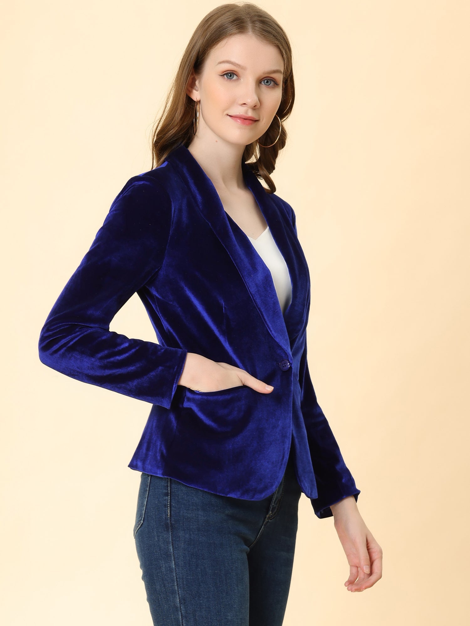 Solid Shawl Collar Single Button Velvet Blazer