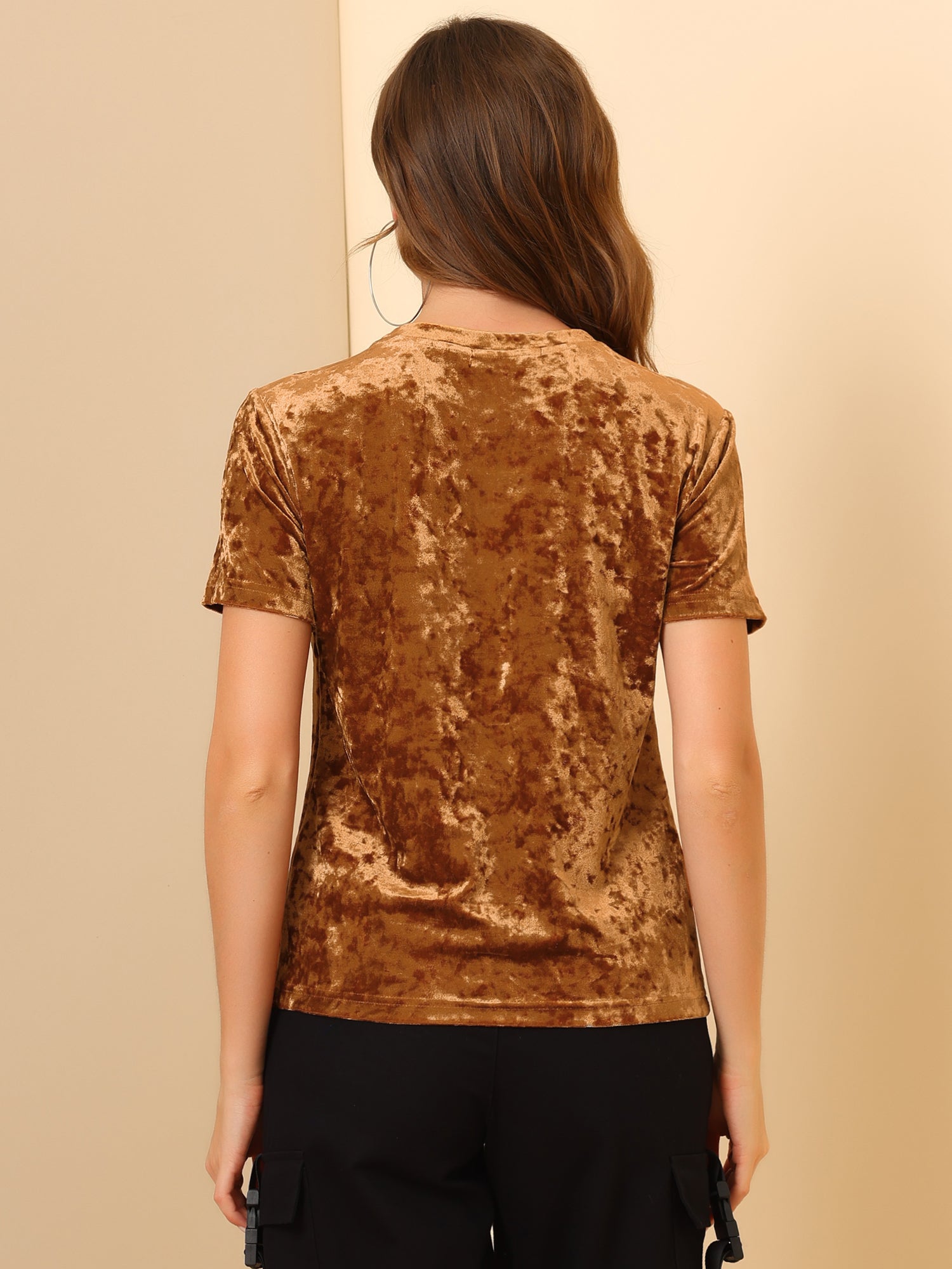 Velvet Crew Neck Short Sleeve Casual T-Shirt Top