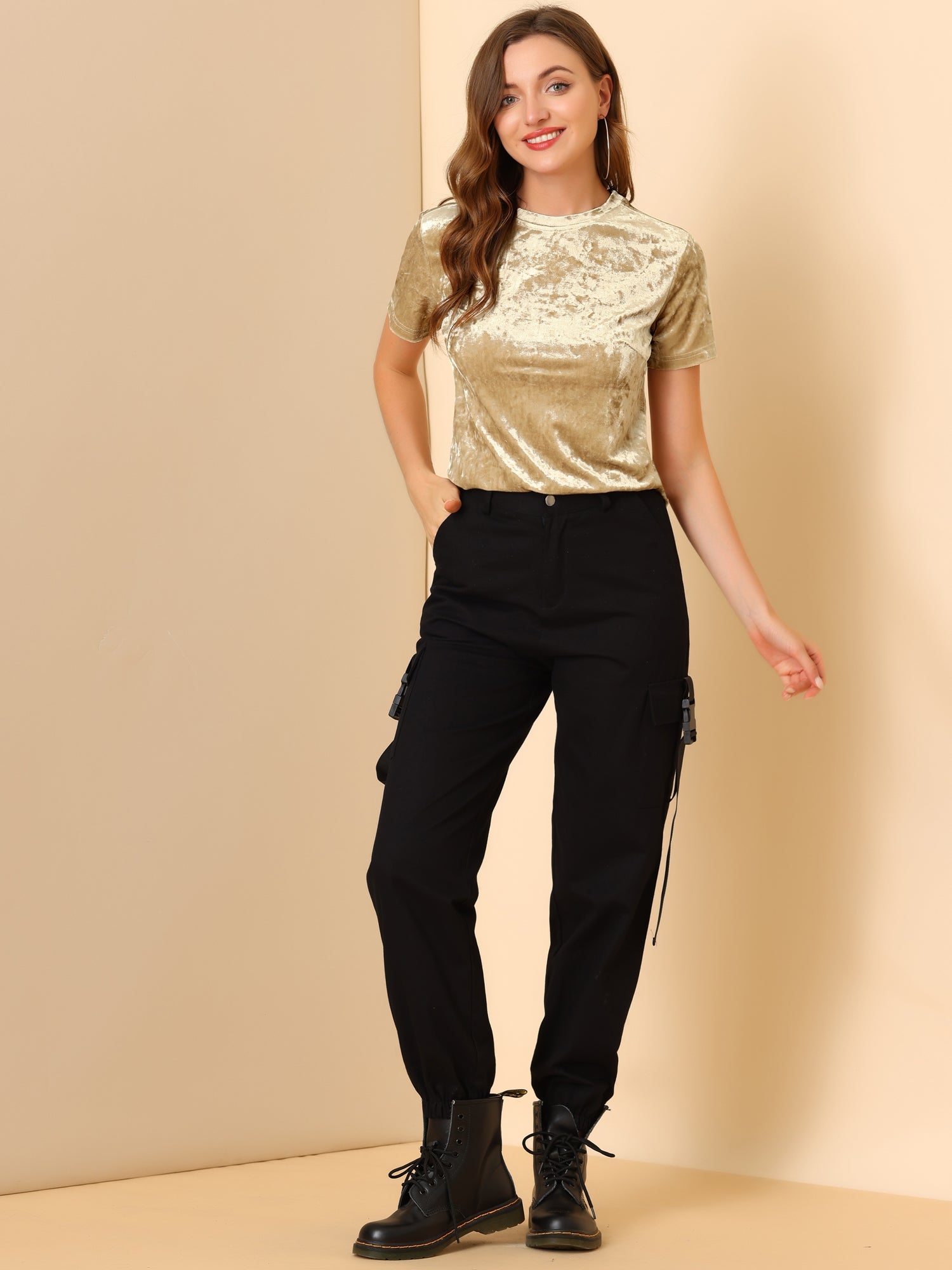 Velvet Crew Neck Short Sleeve Casual T-Shirt Top