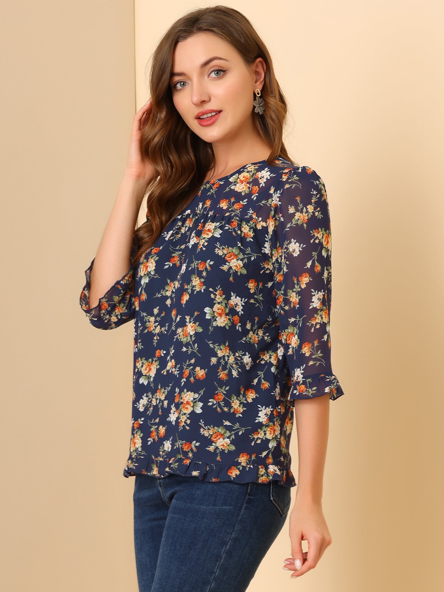 Casual Ruffle Floral Print 3/4 Sleeve Chiffon Blouse