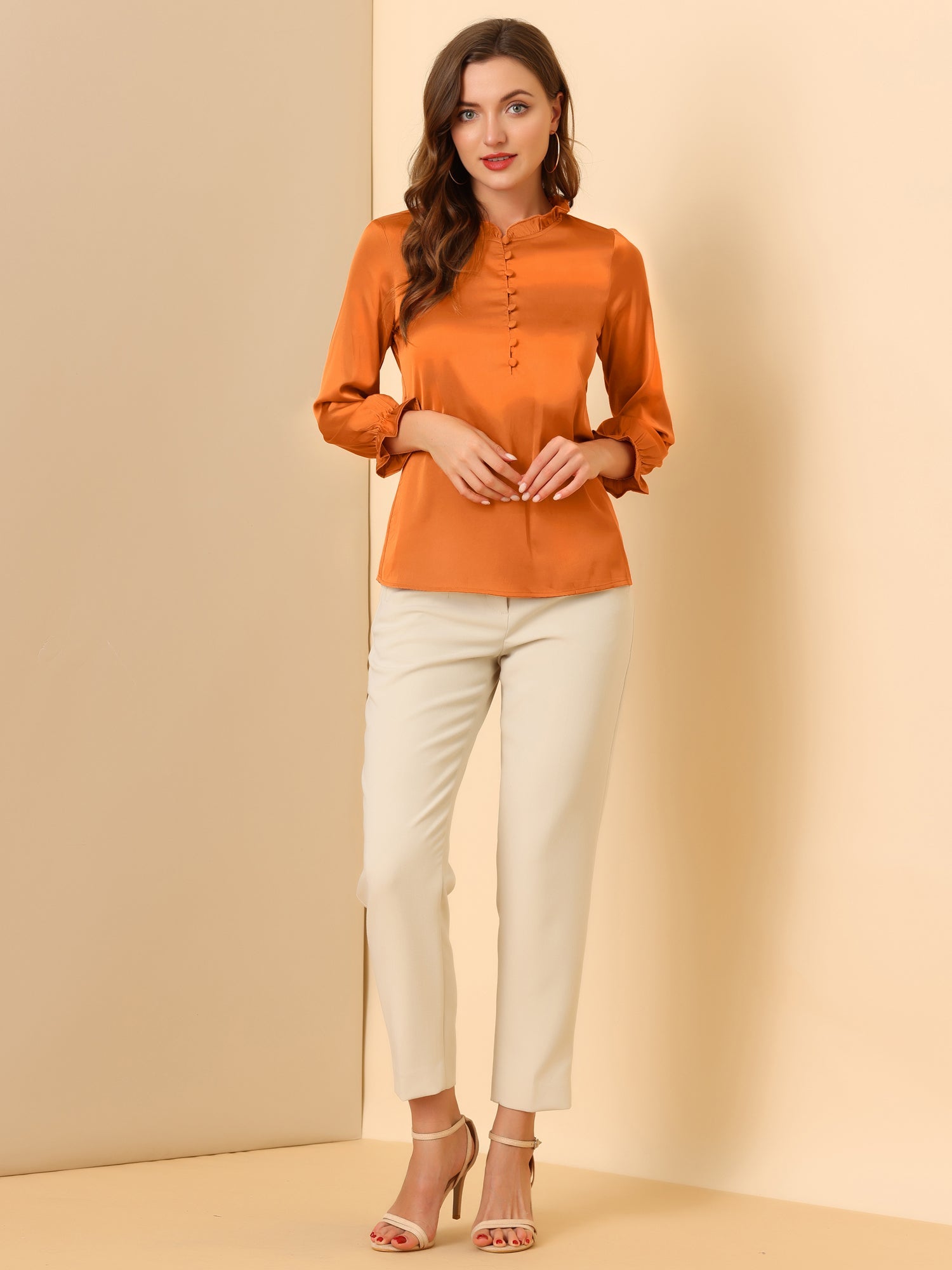 Ruffle Neck Bubble Sleeve Elastic Cuff Button Satin Blouse