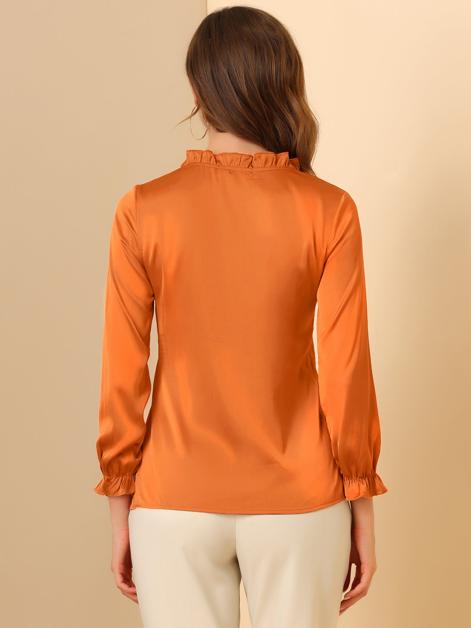 Ruffle Neck Bubble Sleeve Elastic Cuff Button Satin Blouse