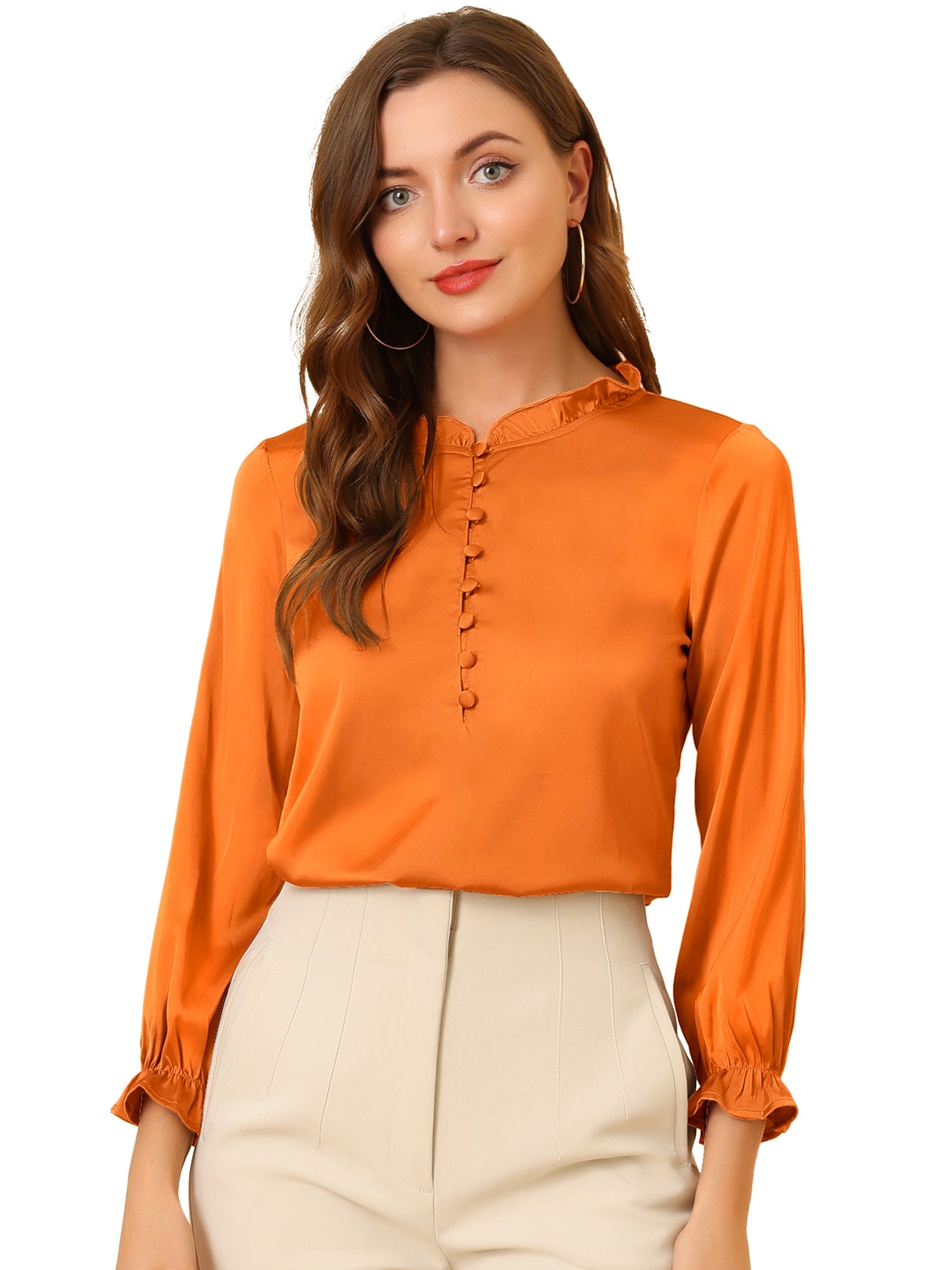 Ruffle Neck Bubble Sleeve Elastic Cuff Button Satin Blouse