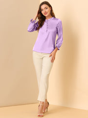 Ruffle Neck Bubble Sleeve Elastic Cuff Button Satin Blouse