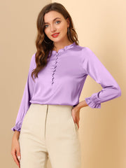Ruffle Neck Bubble Sleeve Elastic Cuff Button Satin Blouse