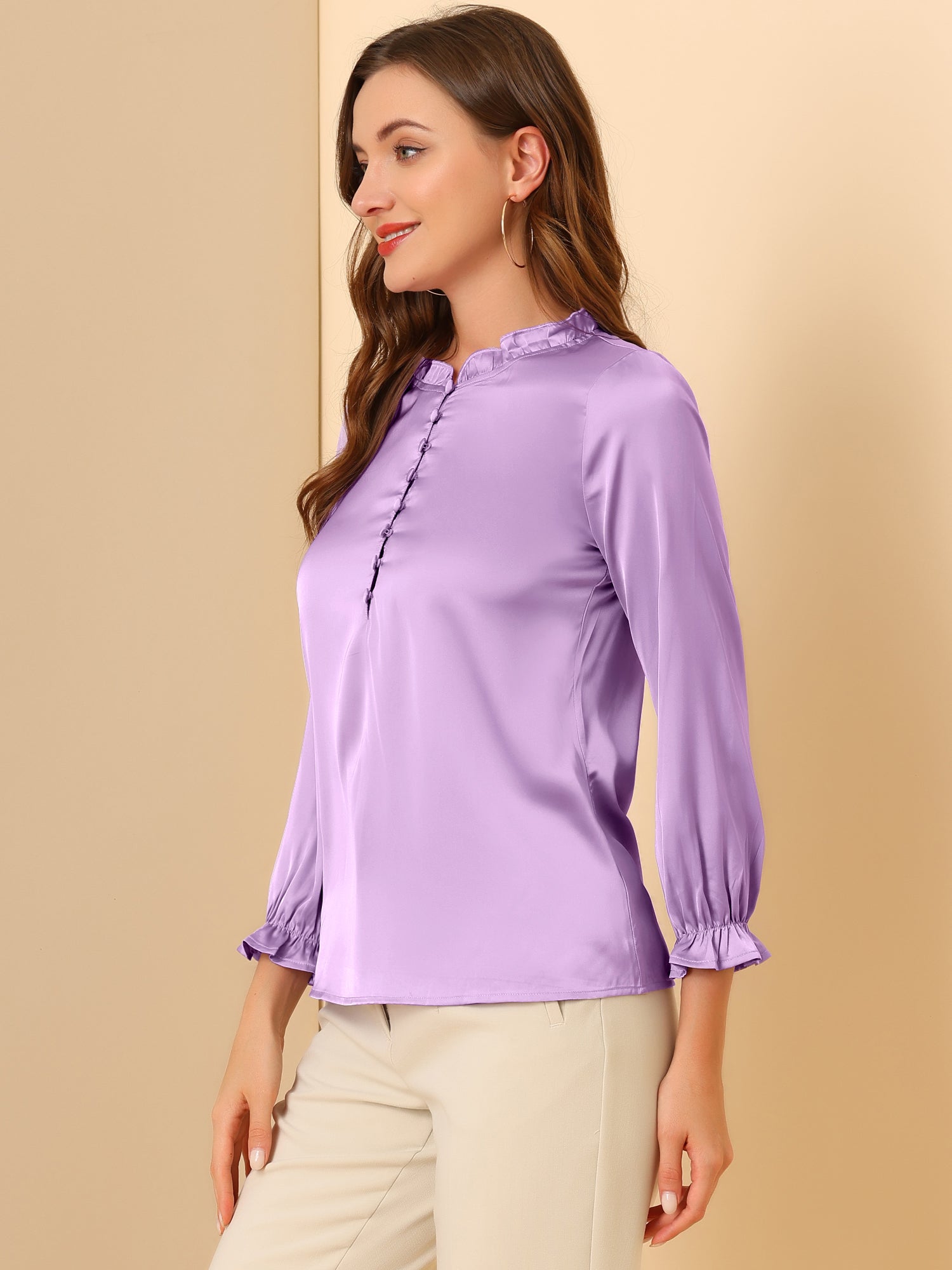 Ruffle Neck Bubble Sleeve Elastic Cuff Button Satin Blouse