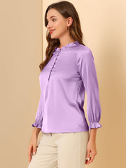 Ruffle Neck Bubble Sleeve Elastic Cuff Button Satin Blouse