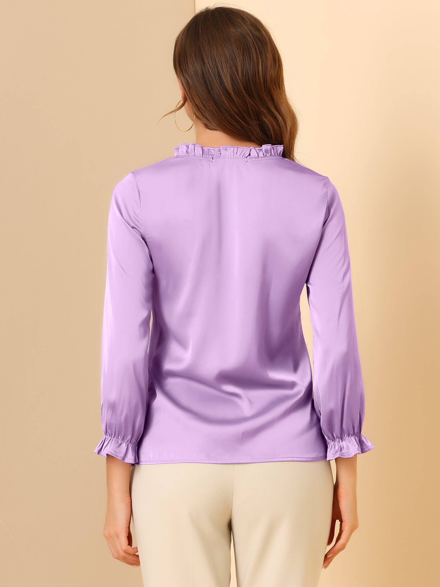 Ruffle Neck Bubble Sleeve Elastic Cuff Button Satin Blouse