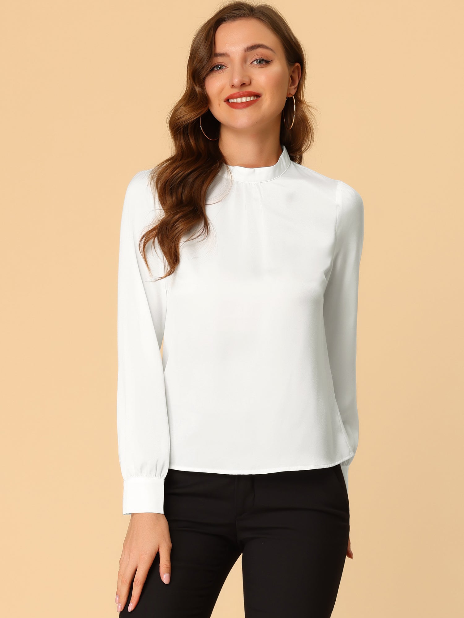 Satin Blouse Puff Sleeve Stand Collar Work Top