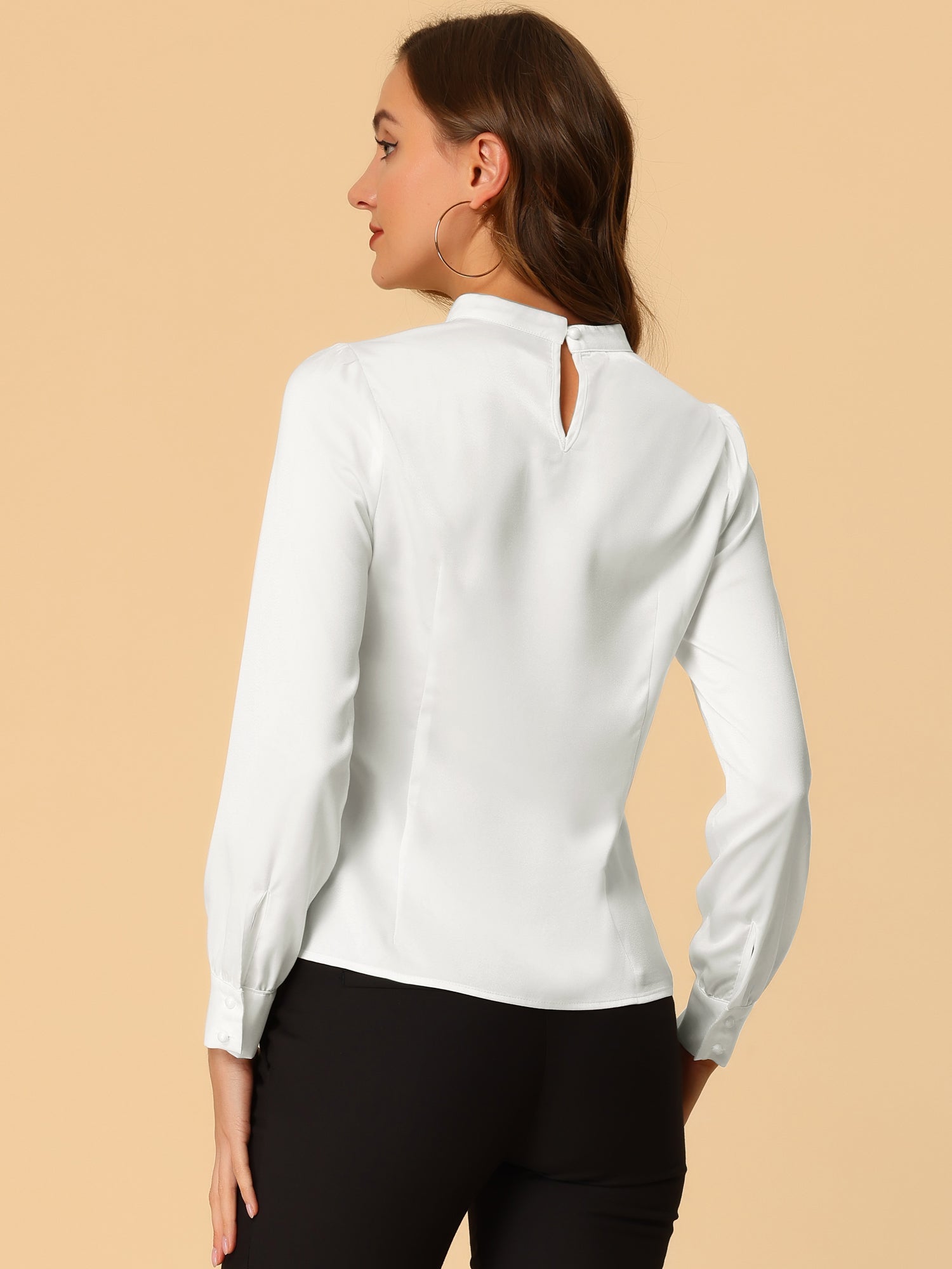 Satin Blouse Puff Sleeve Stand Collar Work Top