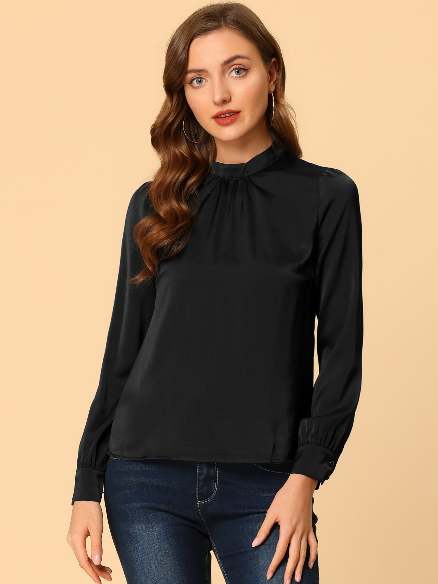 Satin Blouse Puff Sleeve Stand Collar Work Top