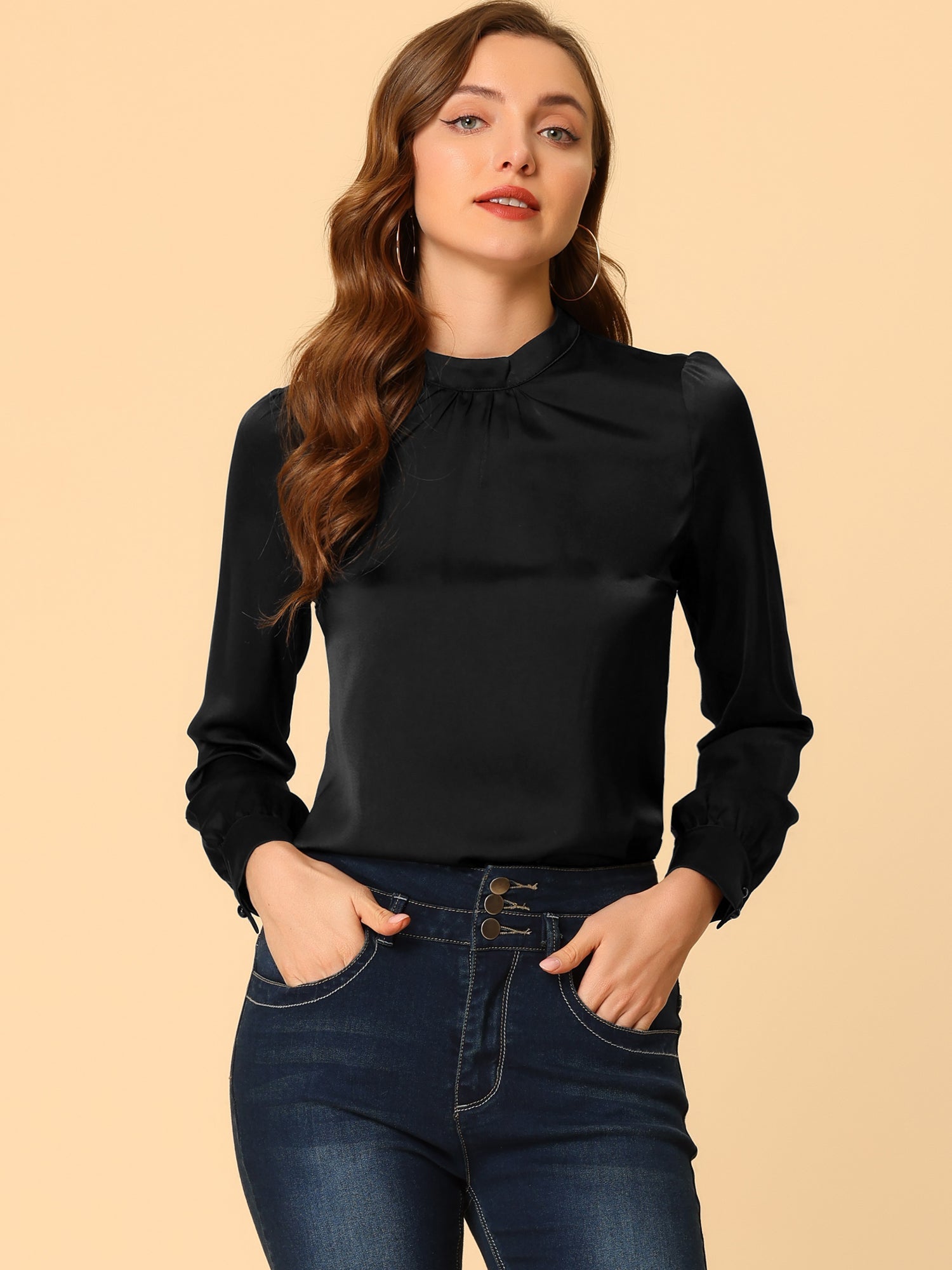 Satin Blouse Puff Sleeve Stand Collar Work Top