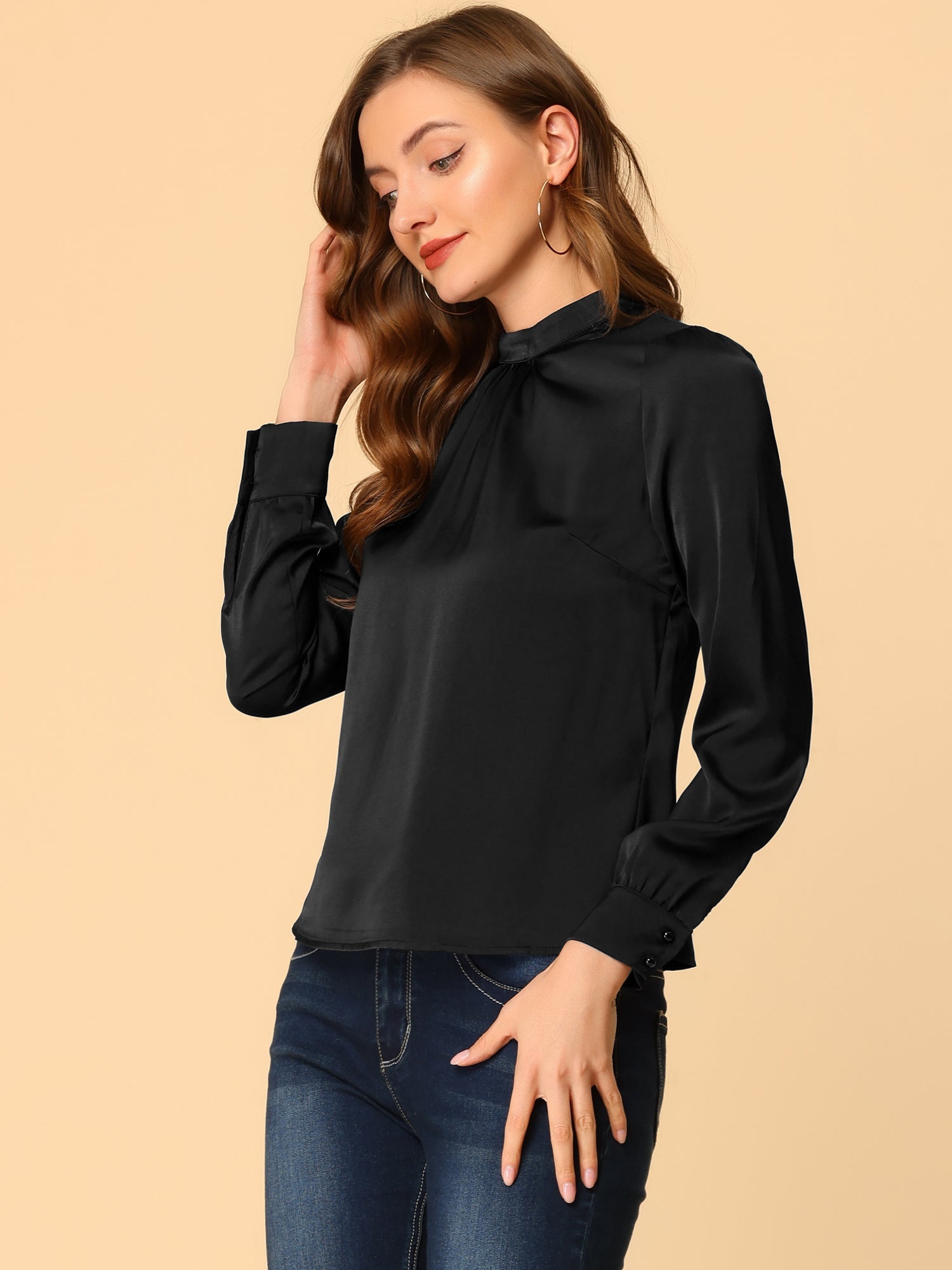 Satin Blouse Puff Sleeve Stand Collar Work Top