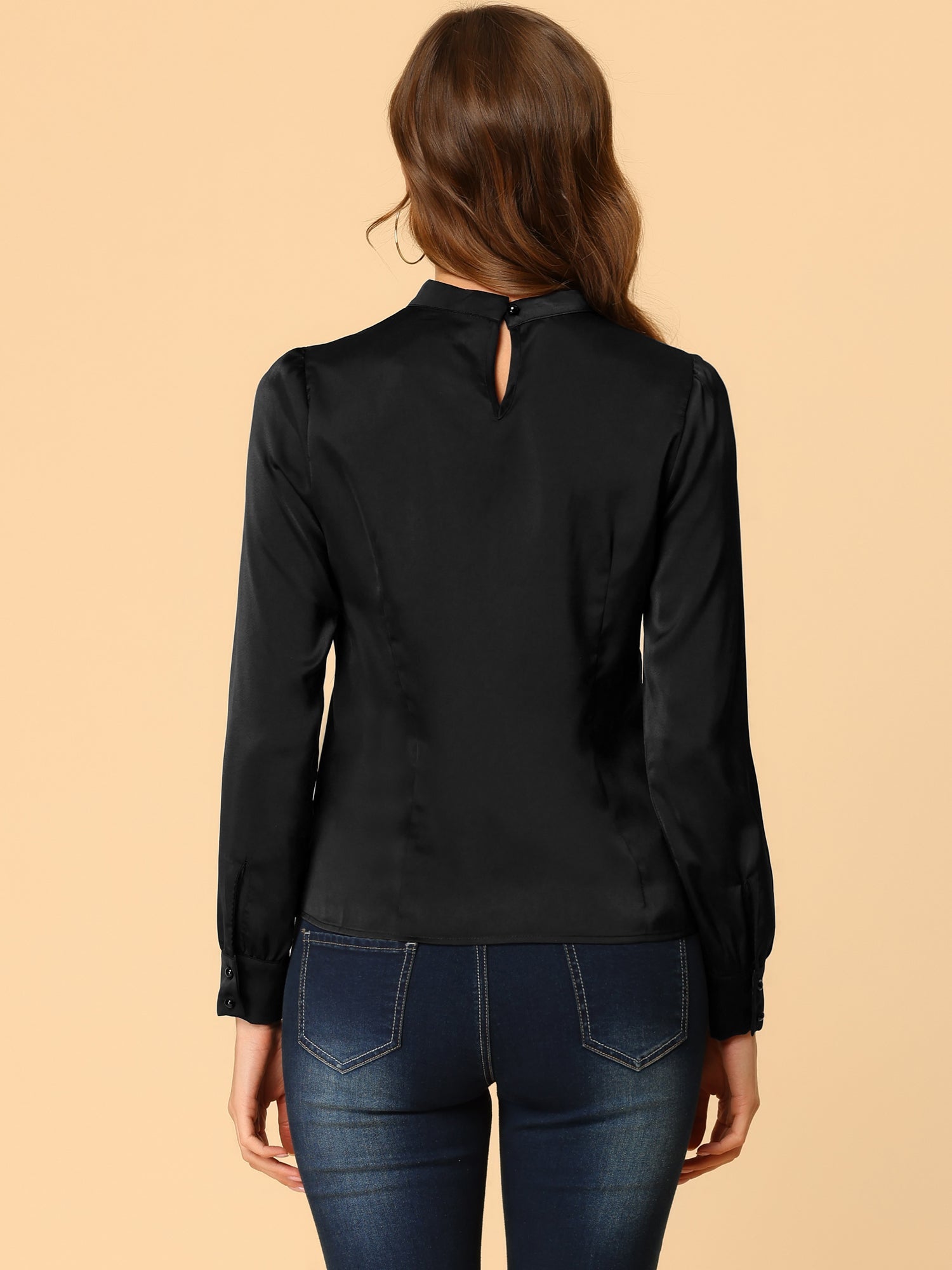 Satin Blouse Puff Sleeve Stand Collar Work Top