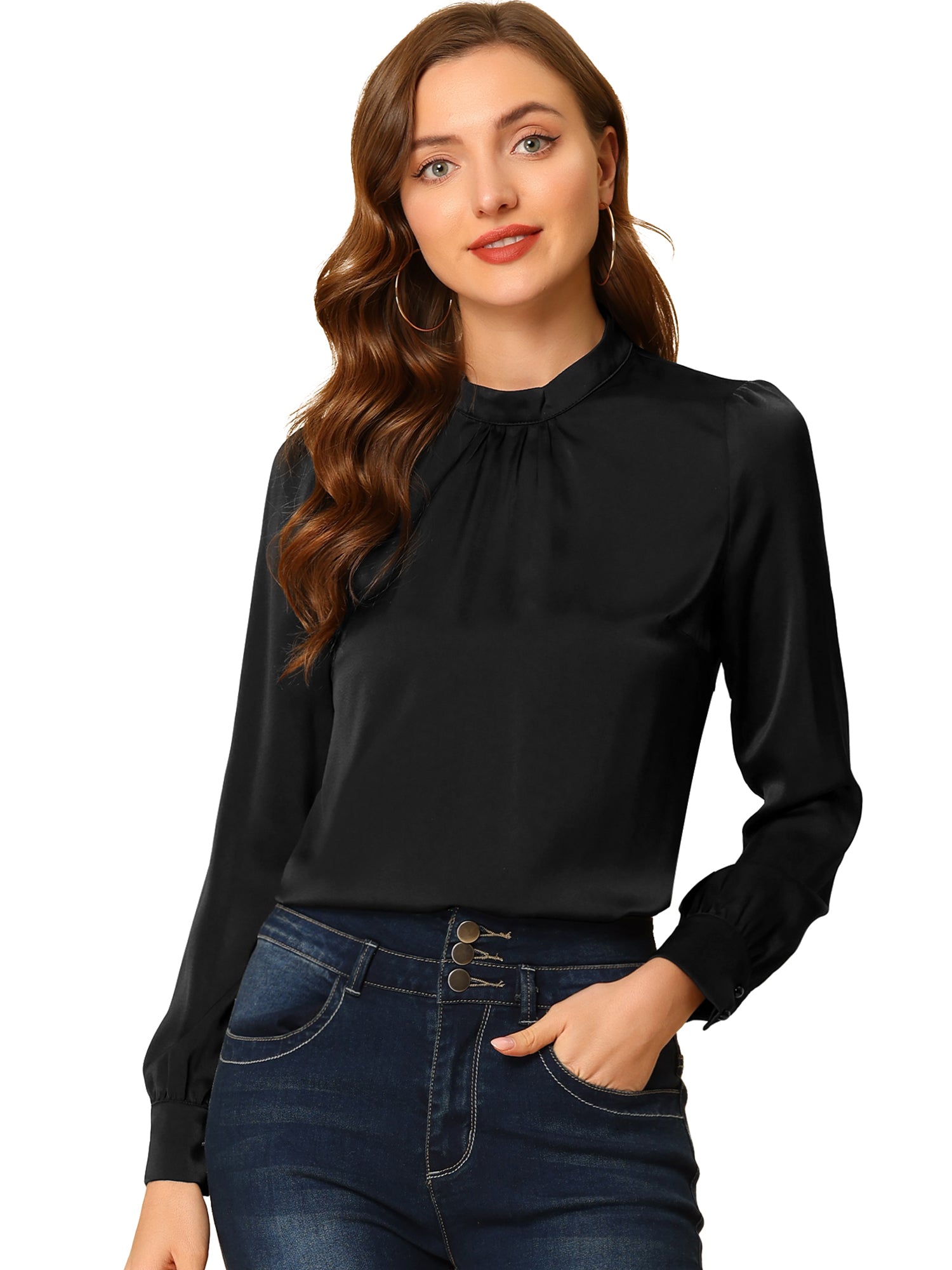Satin Blouse Puff Sleeve Stand Collar Work Top