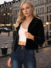 Winter Warm Cropped Collarless Faux Fur Fluffy Jacket
