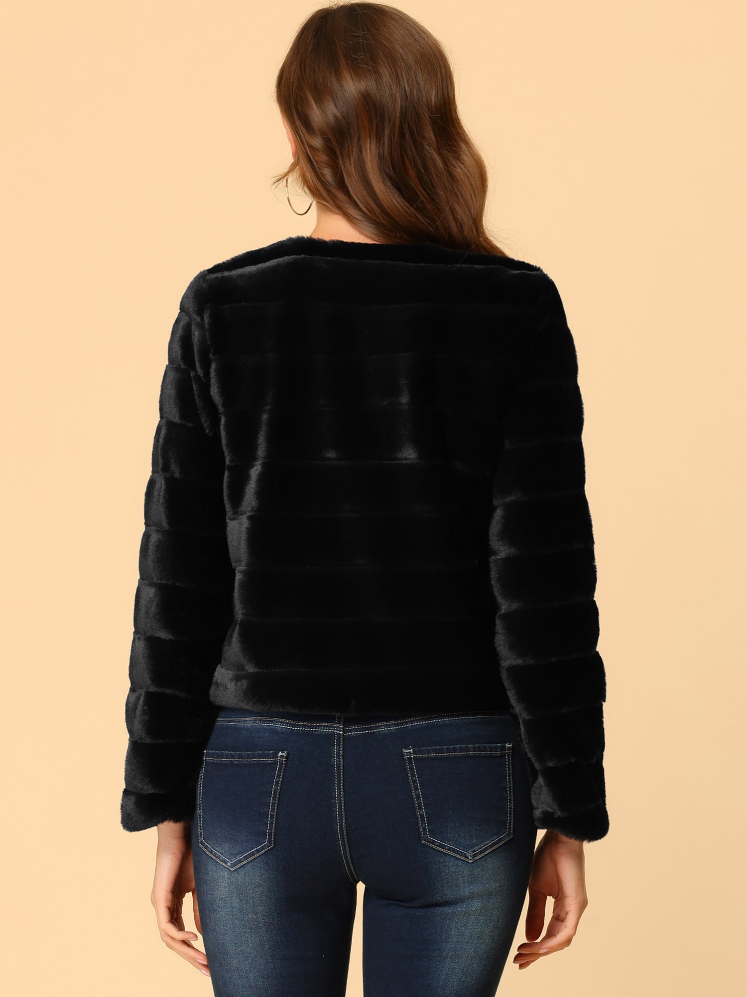Winter Warm Cropped Collarless Faux Fur Fluffy Jacket