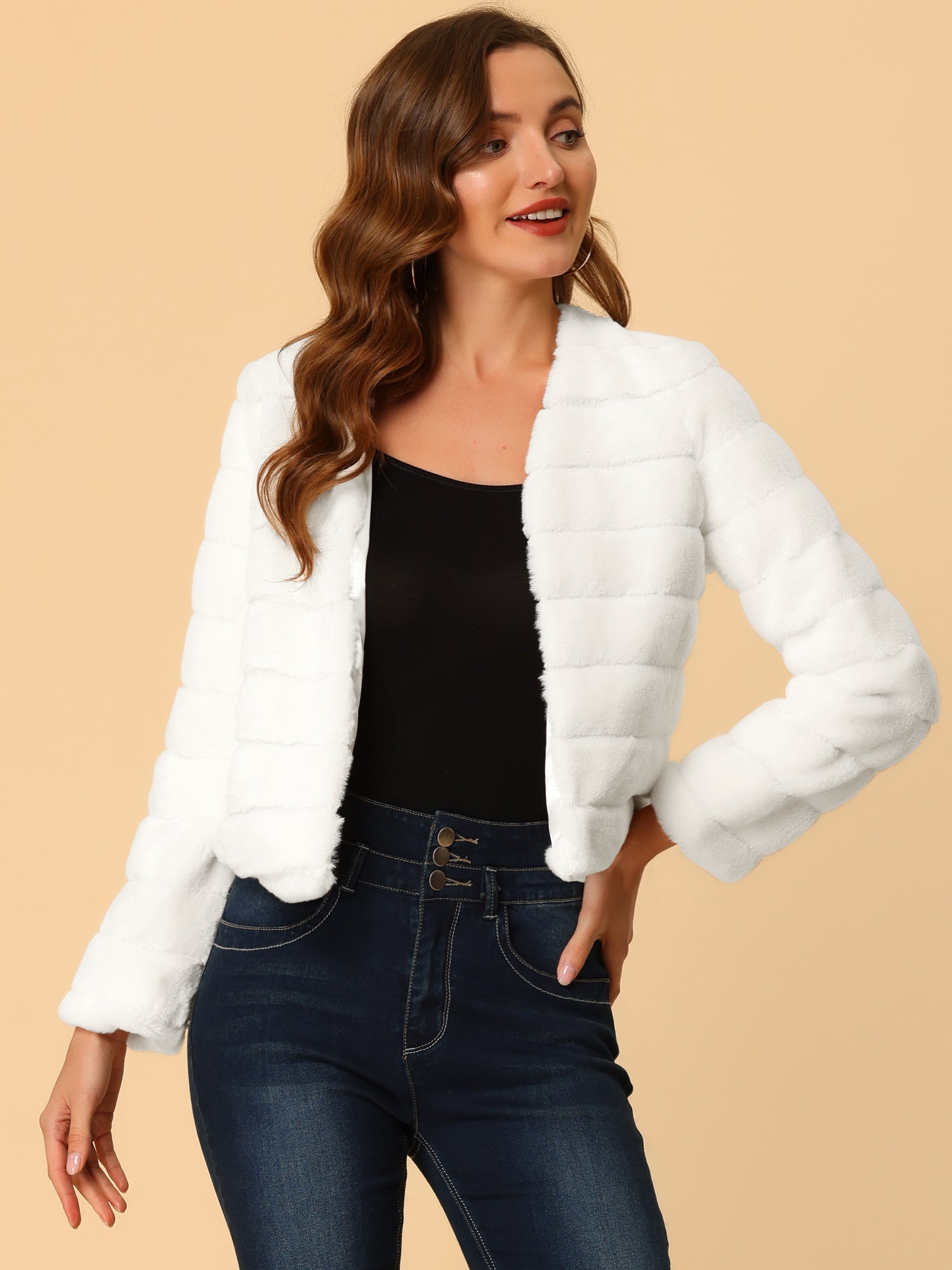 Winter Warm Cropped Collarless Faux Fur Fluffy Jacket
