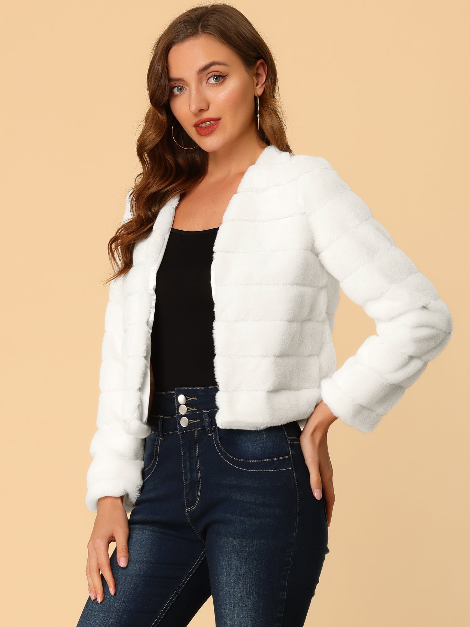 Winter Warm Cropped Collarless Faux Fur Fluffy Jacket