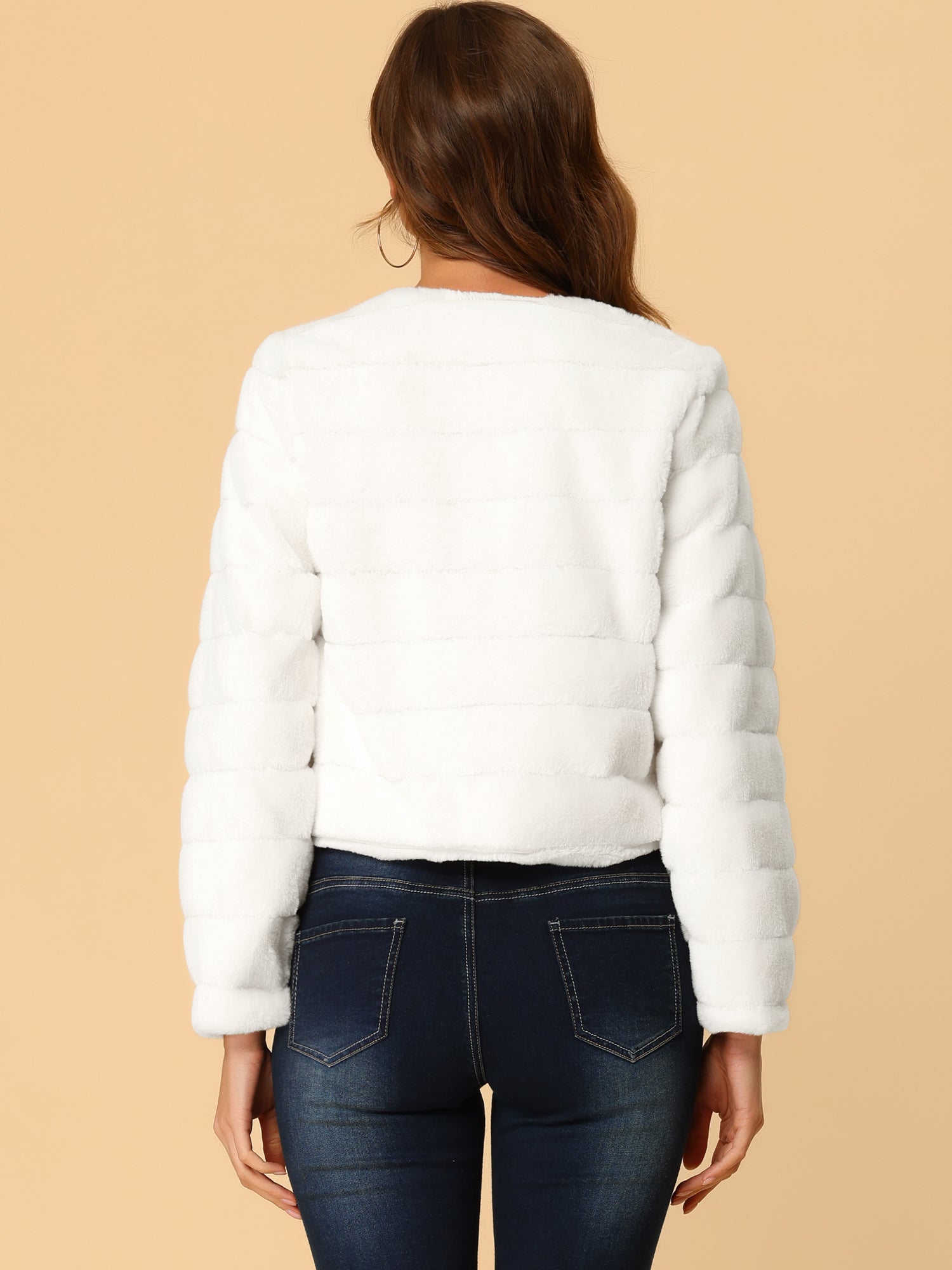 Winter Warm Cropped Collarless Faux Fur Fluffy Jacket