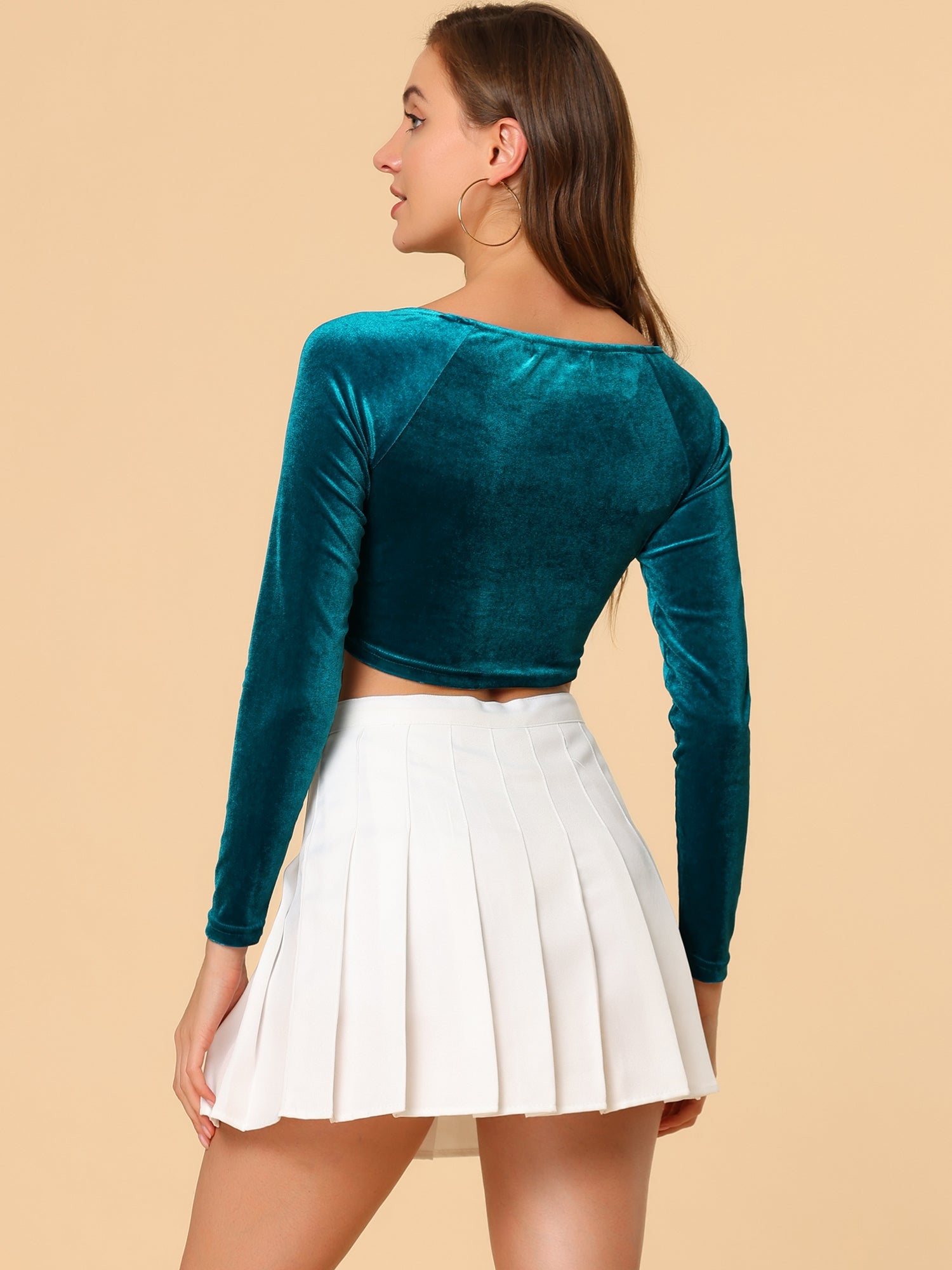 Velvet Long Sleeve Off Shoulder Solid Crop Top