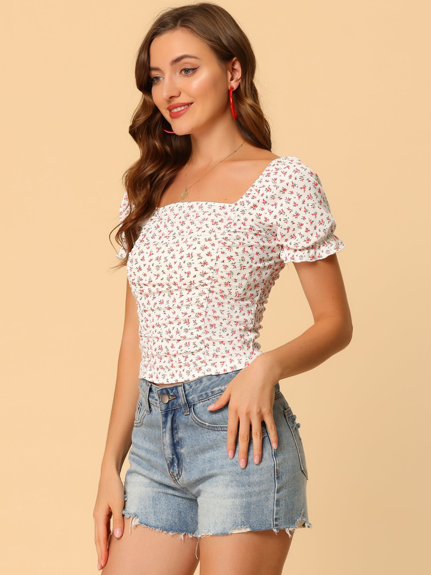 Smocked Crop Top Slim Fit Peasant Floral Blouse