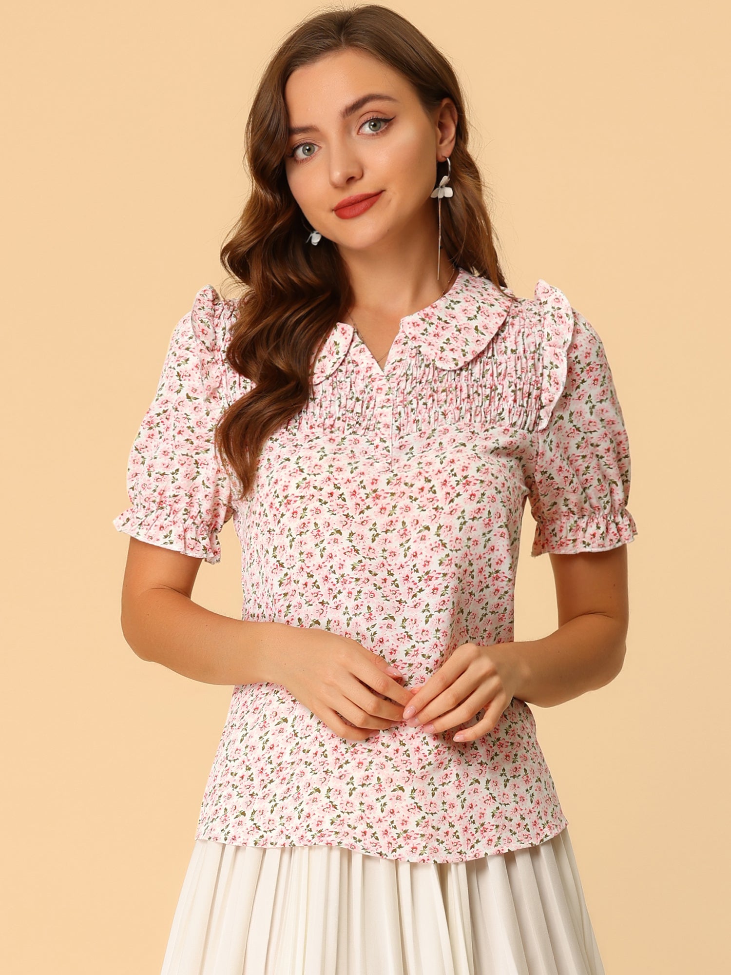 Peter Pan Collar Puff Short Sleeve Ruffle Smocked Floral Blouse