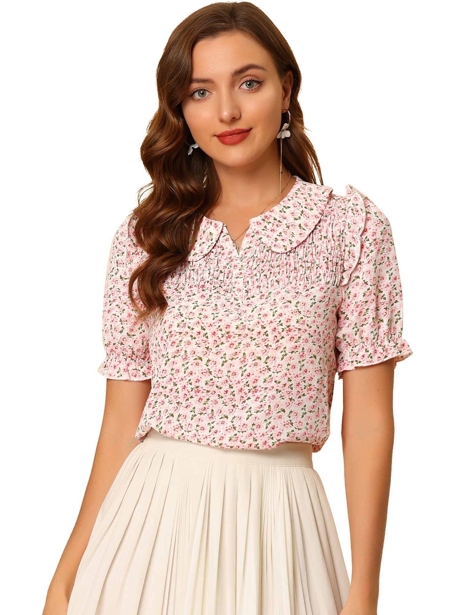 Peter Pan Collar Puff Short Sleeve Ruffle Smocked Floral Blouse