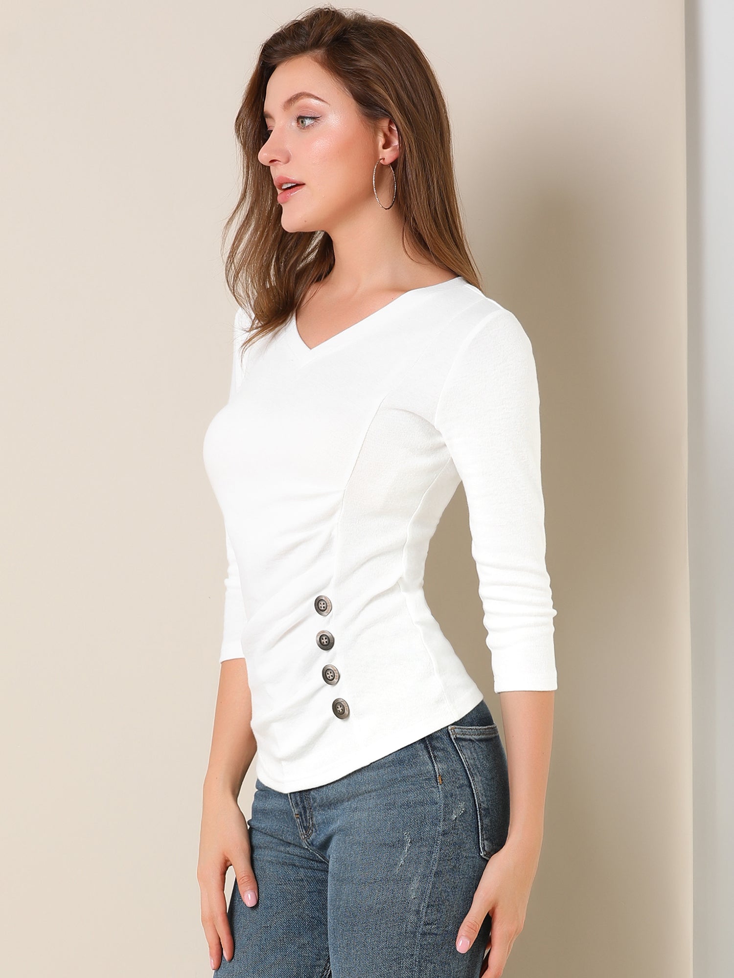3/4 Sleeves V Neck Solid Knitted Button Decor Ruched Blouse