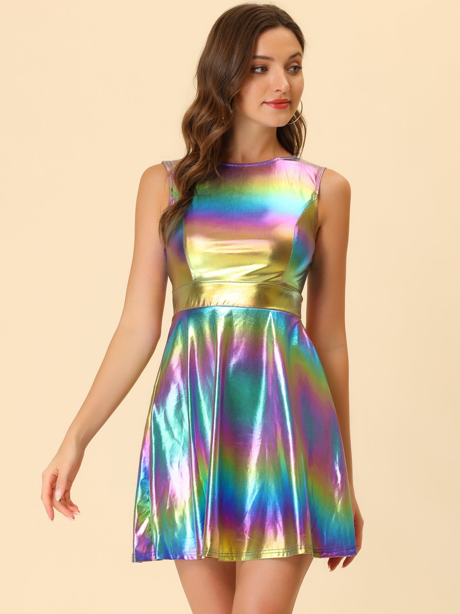 Sleeveless Metallic A-Line Club Party Holographic Mini Dress