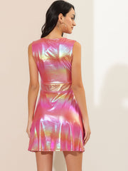 Sleeveless Metallic A-Line Club Party Holographic Mini Dress