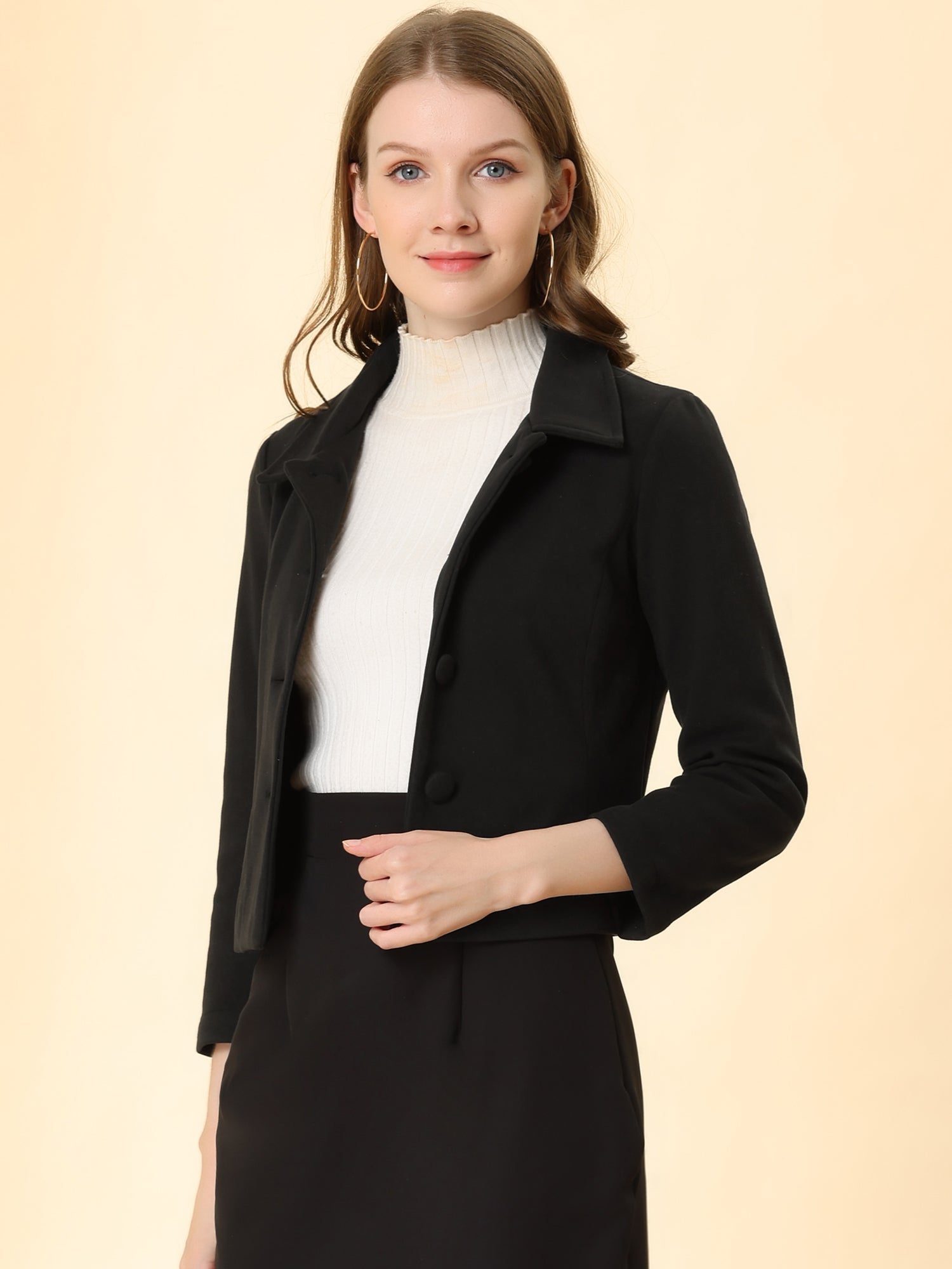 Pointed Collar Single Breasted Slant Pocket Cropped Pea Coat