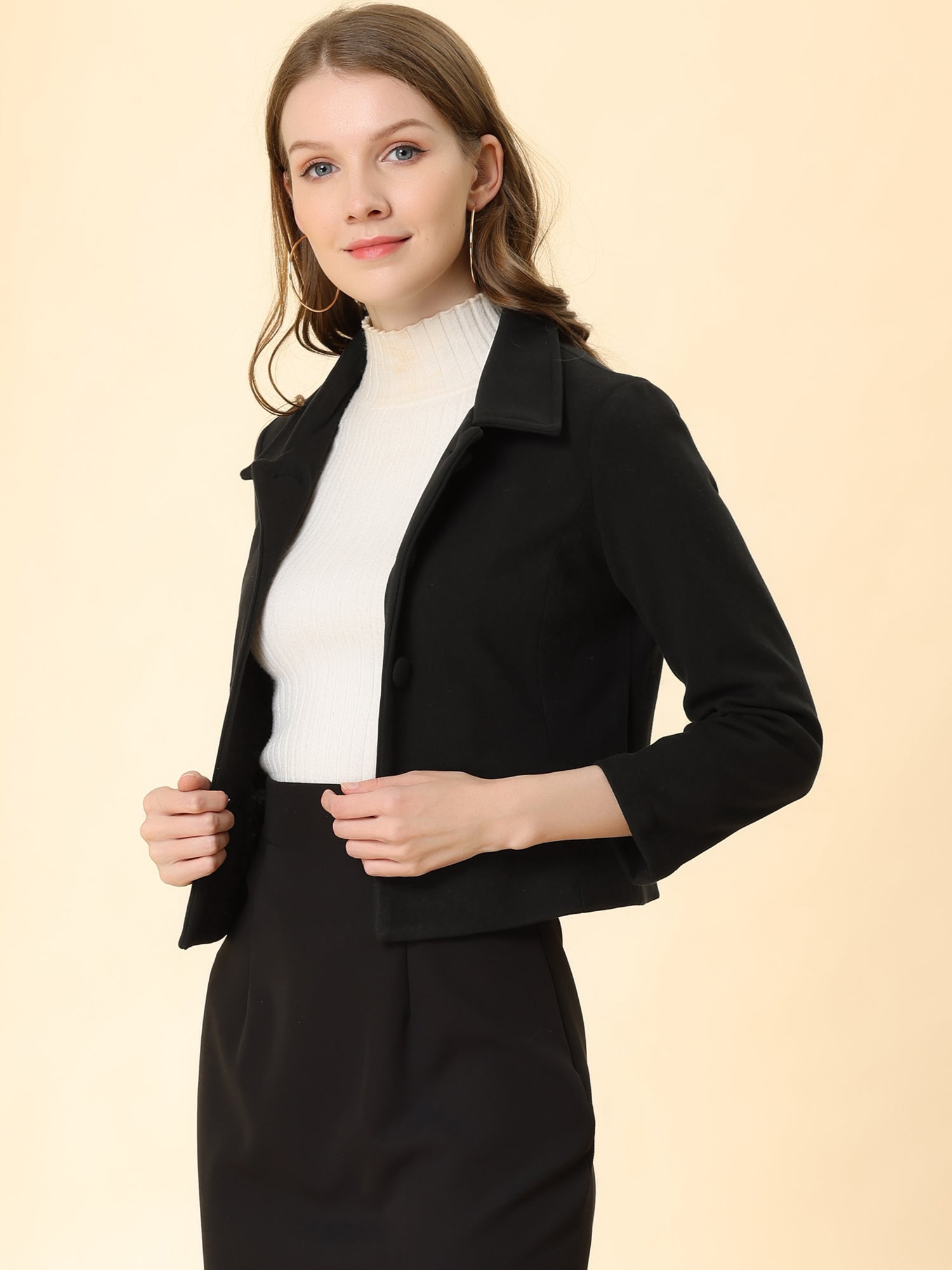 Pointed Collar Single Breasted Slant Pocket Cropped Pea Coat