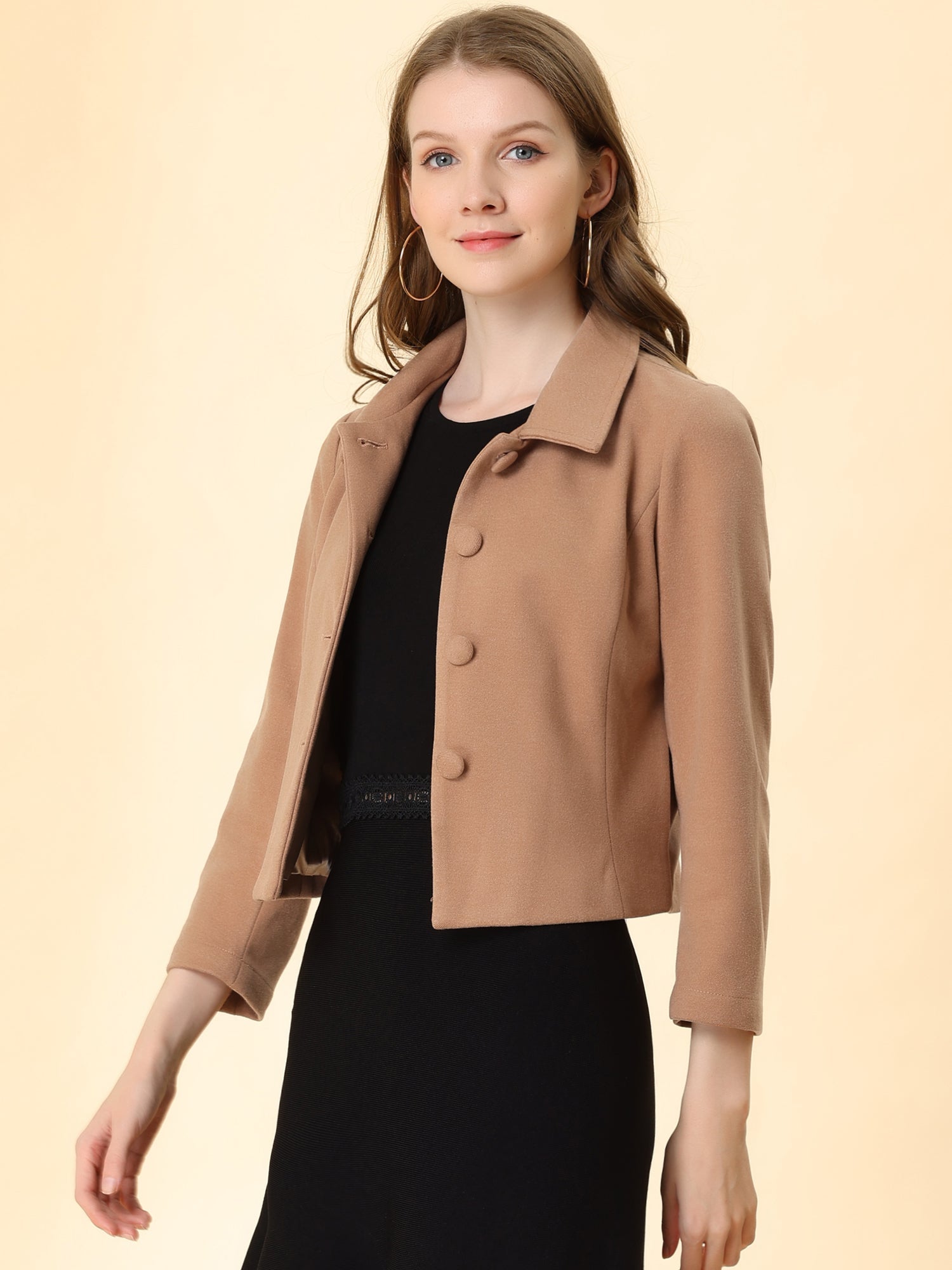 Pointed Collar Single Breasted Slant Pocket Cropped Pea Coat