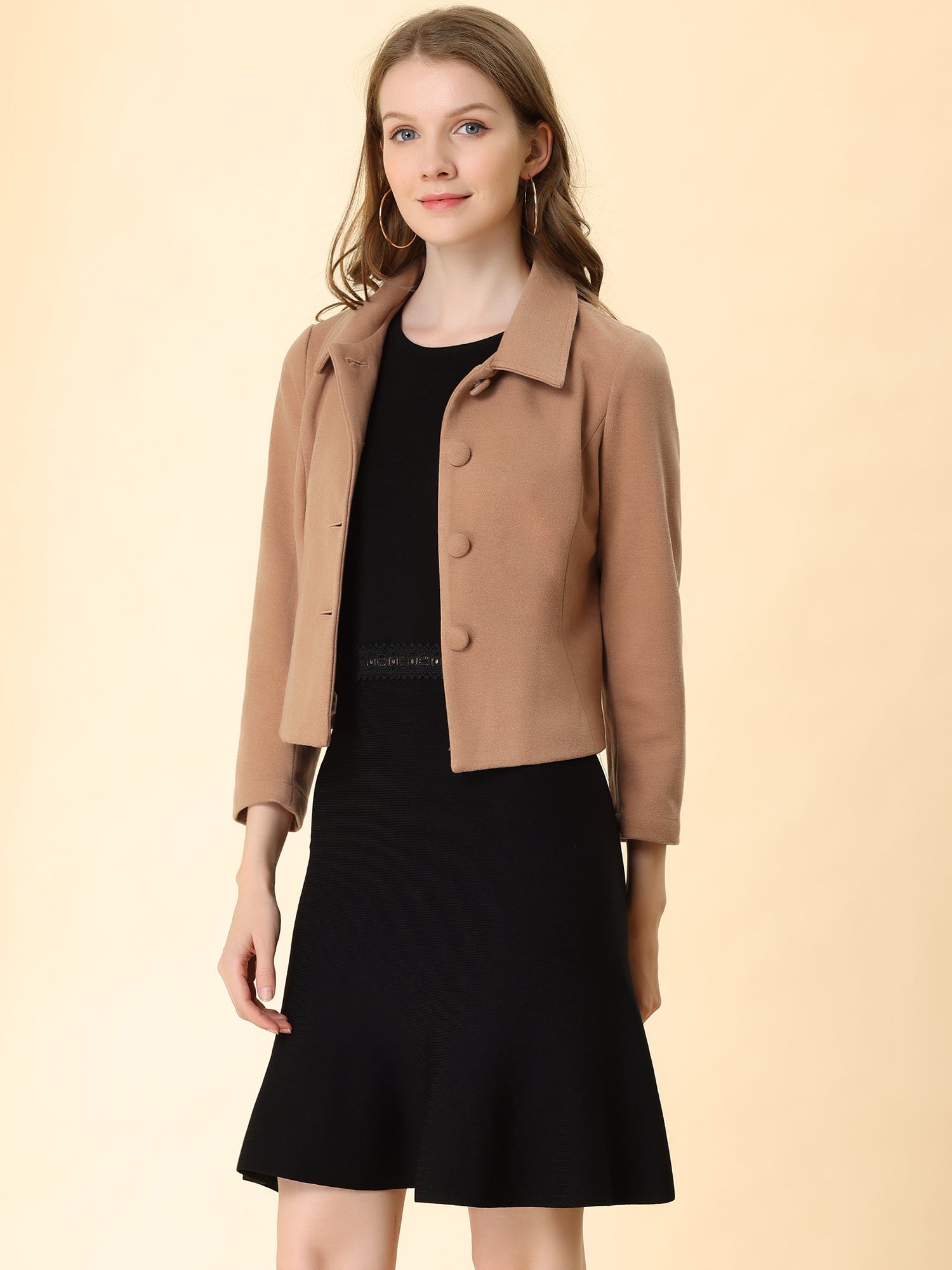 Pointed Collar Single Breasted Slant Pocket Cropped Pea Coat