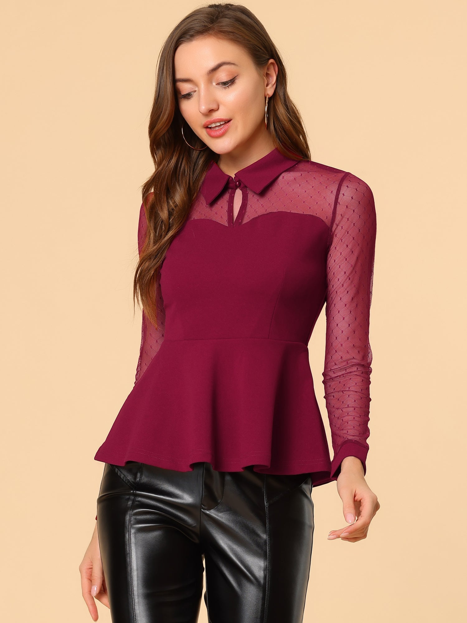 Mesh Sheer Long Sleeve Blouse Turn Down Collar Keyhole Peplum Top