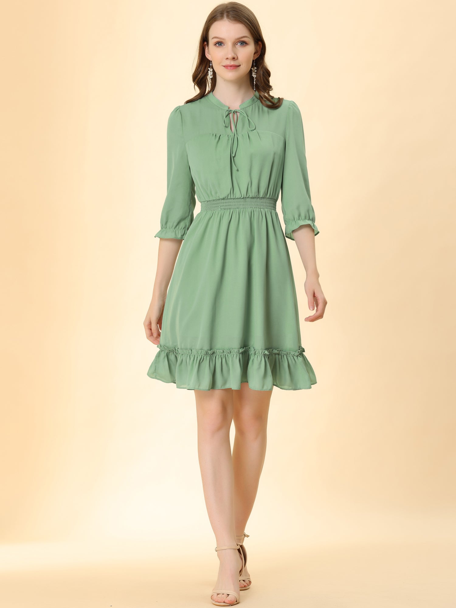 Ruffle Hem 3/4 Sleeve A-Line Smocked Short Chiffon Dress