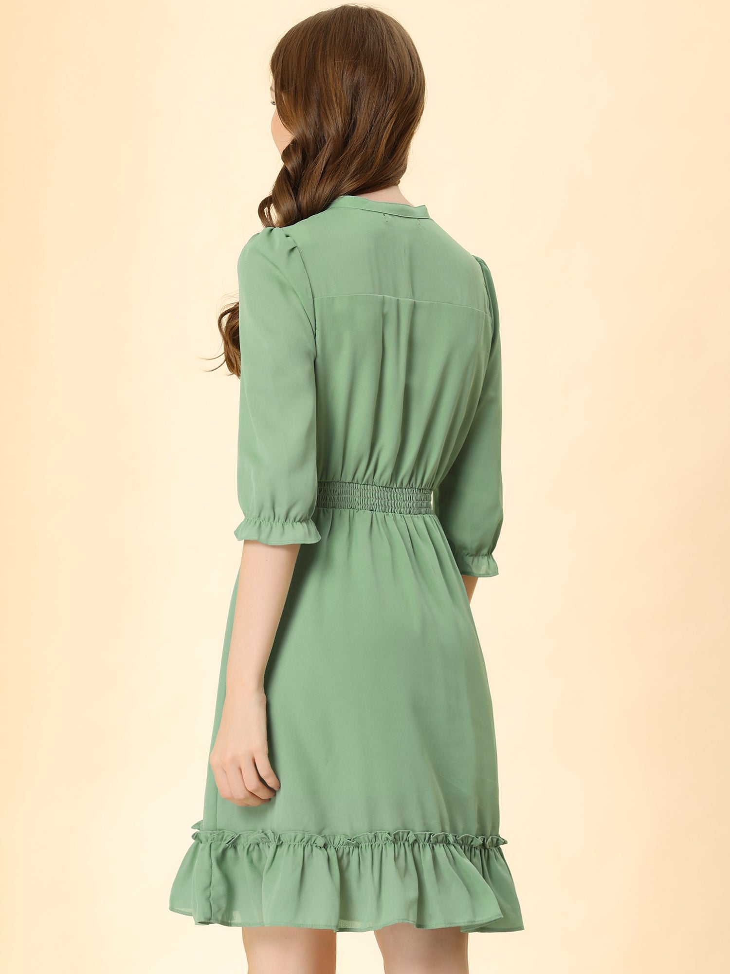 Ruffle Hem 3/4 Sleeve A-Line Smocked Short Chiffon Dress