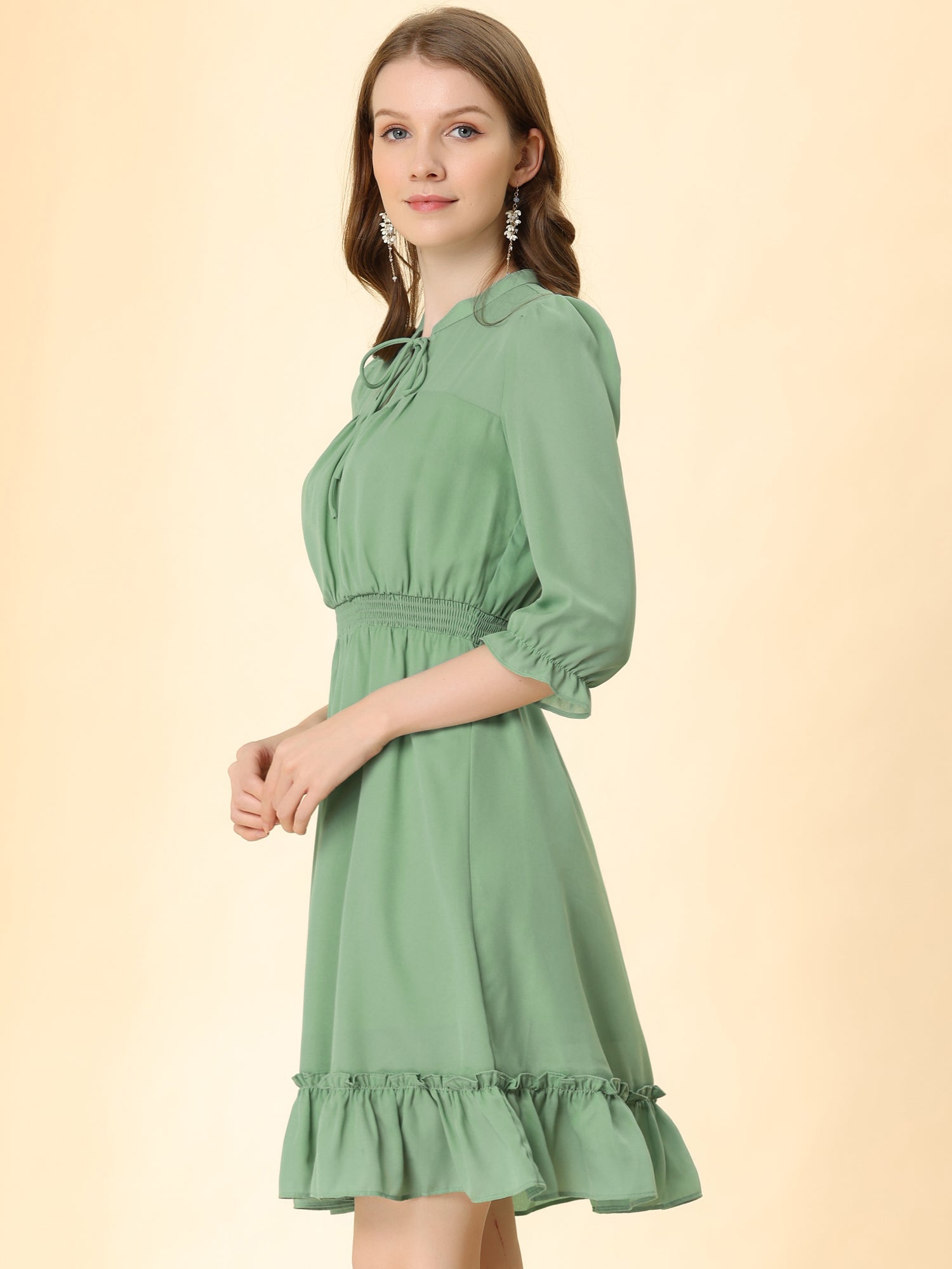 Ruffle Hem 3/4 Sleeve A-Line Smocked Short Chiffon Dress