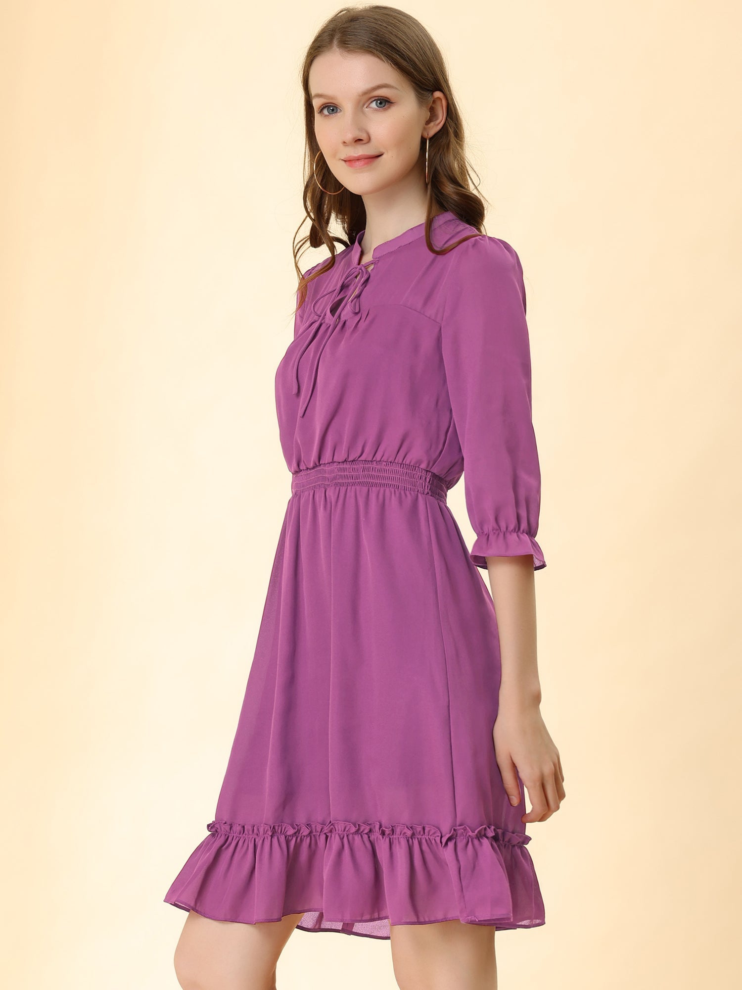 Ruffle Hem 3/4 Sleeve A-Line Smocked Short Chiffon Dress
