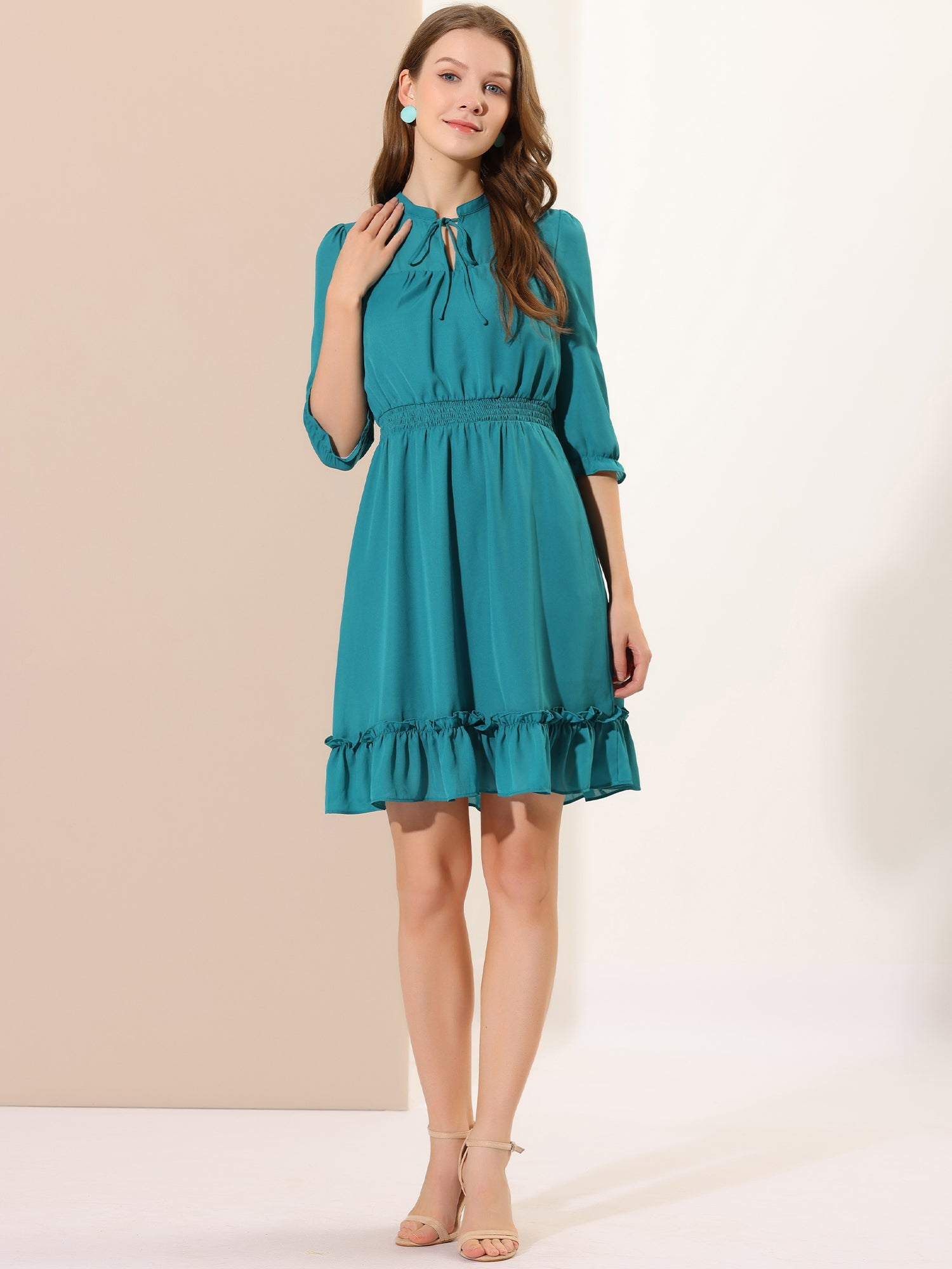 Ruffle Hem 3/4 Sleeve A-Line Smocked Midi Chiffon Dress