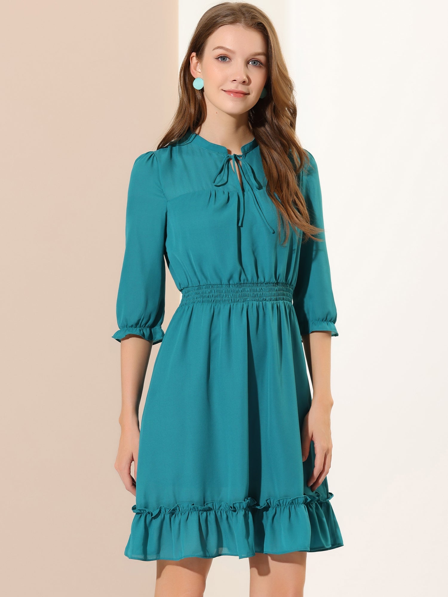 Ruffle Hem 3/4 Sleeve A-Line Smocked Midi Chiffon Dress