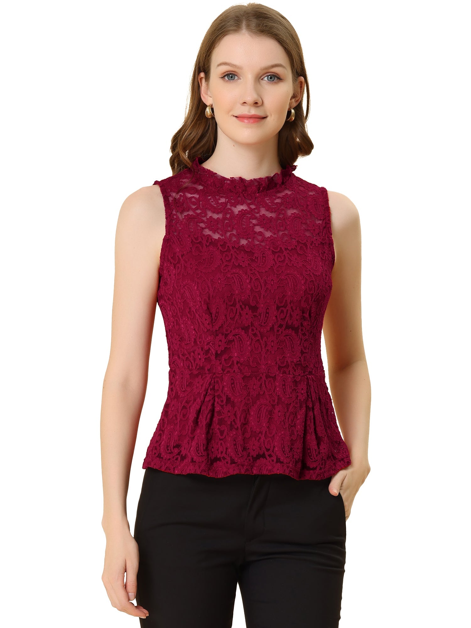 Lace Floral Ruffle Neck Keyhole Back Sleeveless Peplum Top